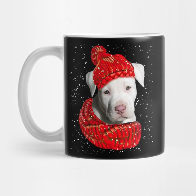 Staffordshire Bull Terrier Wearing Red Hat And Scarf In Snow by Mhoon 